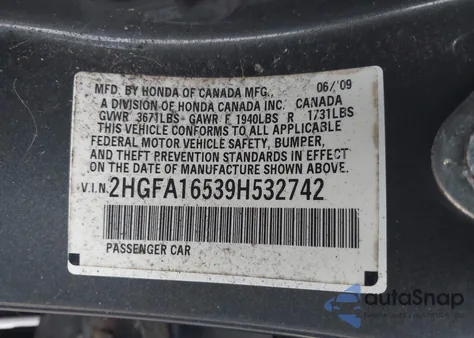 2009 Honda Civic Lx из США, поврежденный, VIN 2HGFA16539H532742